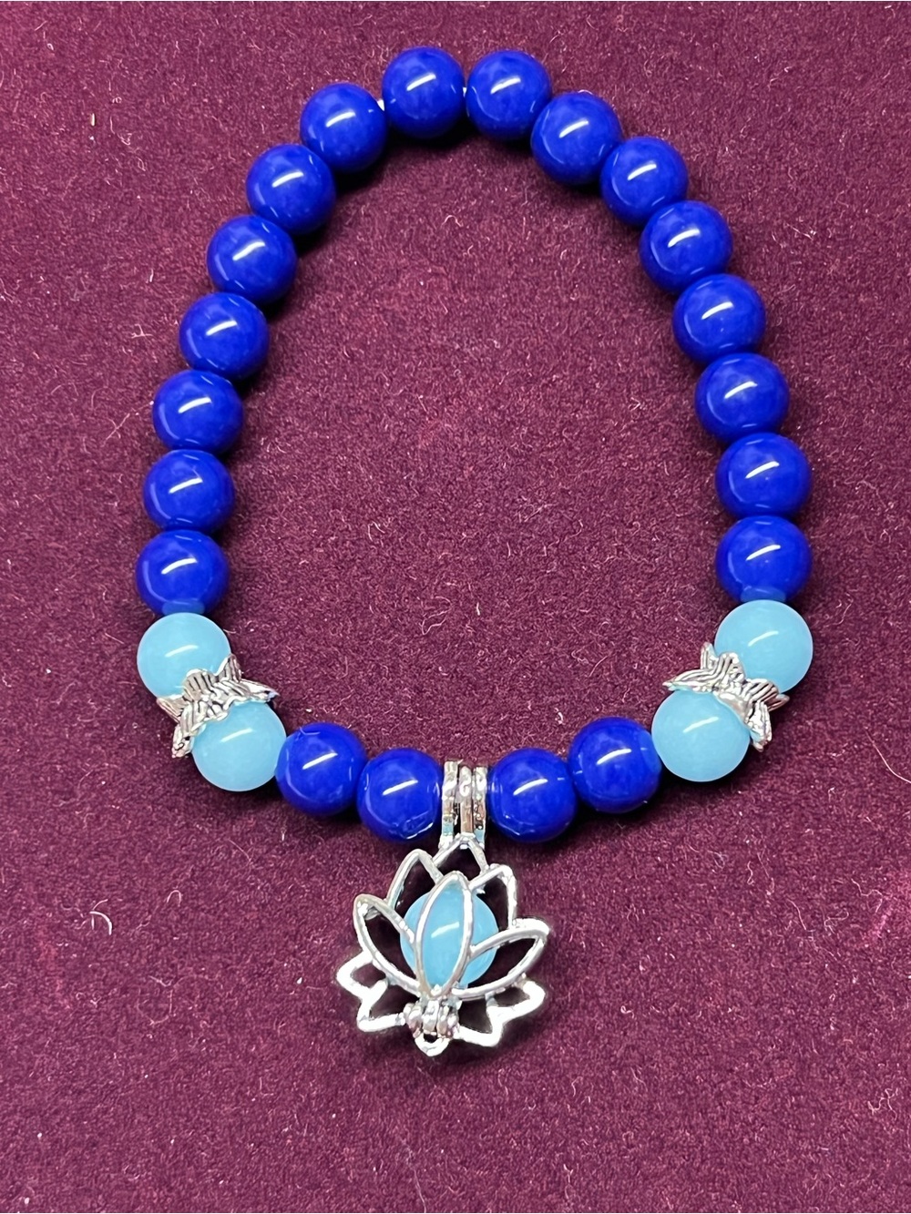 Lotus Charm Blue Beaded Stretch Bracelet Size 6.5